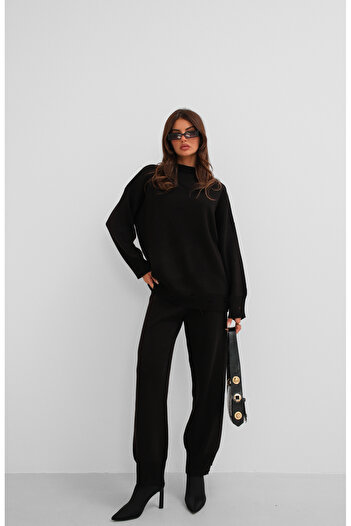 Black Fashion Yırtık Detaylı Siyah Jogger Triko Eşofman