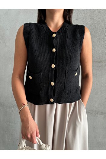 Laluvia Black Sophia Pocket Buttoned Knitwear Sweater 4495