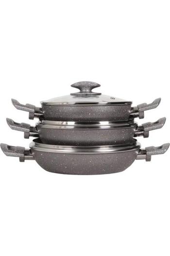 Mehtap Gray 3-Piece Granite Pan Set with Cover 18 20 22 Cm