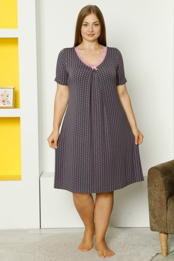İntensive Women's Polka Dot Short-Sleeved Lace Ribbon Stretchy Viscose Plus Size Nightgown