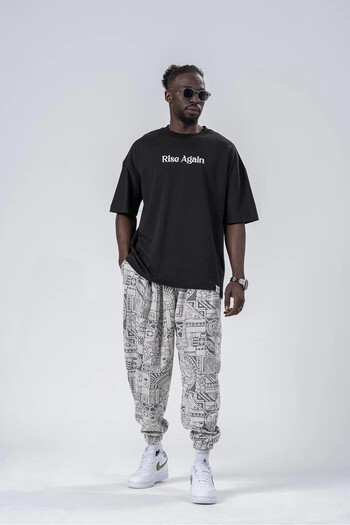 hazelin Men's Ecru Anthracite Elastic Waist and Leg Loose Cut Jogger Sweatpants Hzl24S-Mxc8989-999