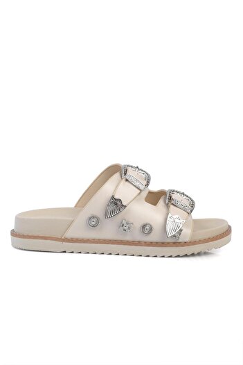 ShoeTek Kacia Beige Δερμάτινες Γυναικείες Παντόφλες - Διπλή Ζώνη και Πέτρινη Πόρπη