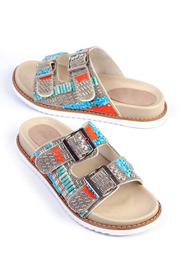 ShoeTek Papuci de damă Lerea Beige - Bandă dublă, cataramă și detaliu din piatră