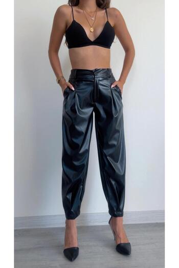 modadagiyim Women's Elastic Pleated Faux Leather Trousers