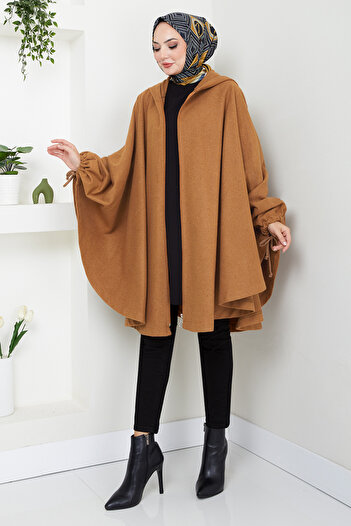 ModaMerve Front Zippered Stitch Poncho 0505Bgs895-M Tan