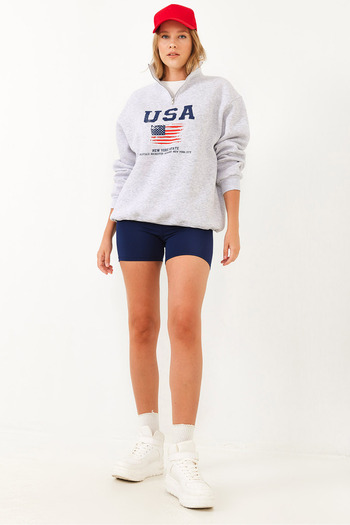 Bianco Lucci Women's Bee Zippered Usa Printed Stand Collar Sweatshirt 60251880