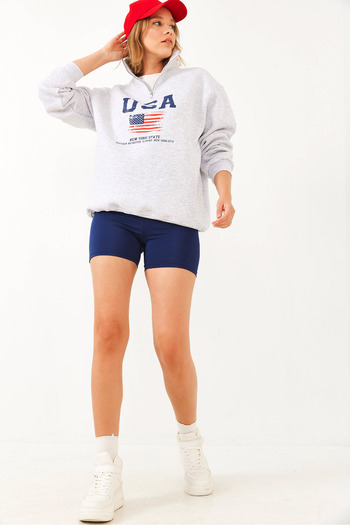 Bianco Lucci Women's Bee Zippered Usa Printed Stand Collar Sweatshirt 60251880