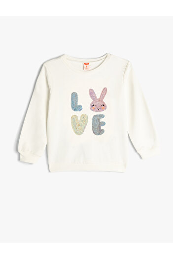 Koton Cotton Sequined Rabbit Printed Ribbed Sweatshirt