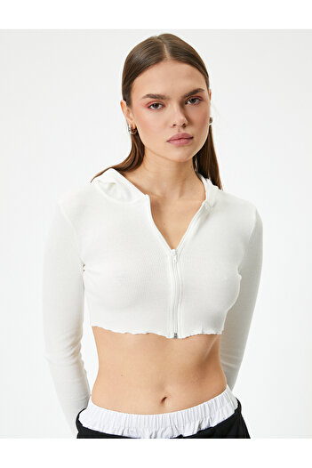 Koton Long Sleeve Slim Fit Crop Cardigan - Hooded and Zippered