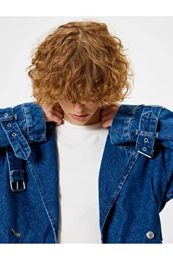 Koton Jachetă oversize din denim cu guler dublu și detaliu curea