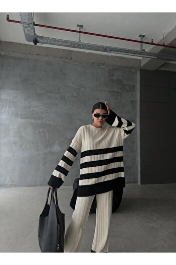 De Pose Striped Color-blocked Soft Textured Sweater Trousers Top-bottom Knitwear Winter suit