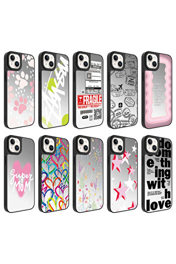 zore iPhone 14 Plus Compatible Mirror Patterned Camera Protected Shiny Mirror Case-Super Mom