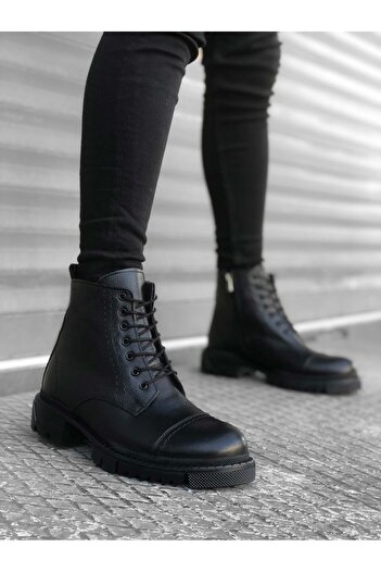 BOA BA0187 Inside and Outside Genuine Leather Black Men's Zippered Ankle Boots