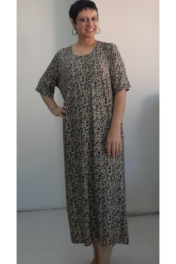 Mertcan Butik Brown Yellow Floral Print Short-Sleeved Combed Cotton Viscose Dress