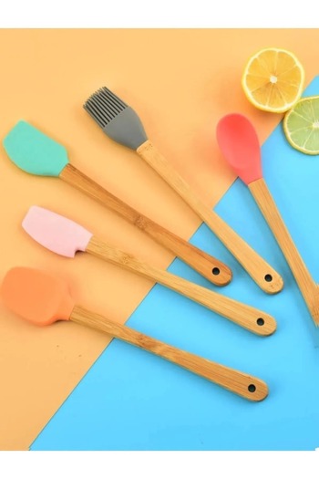 Kitchen Dream Set of 5 Colorful Bamboo Handle Silicone Tip Spatula Brush Spoon Set