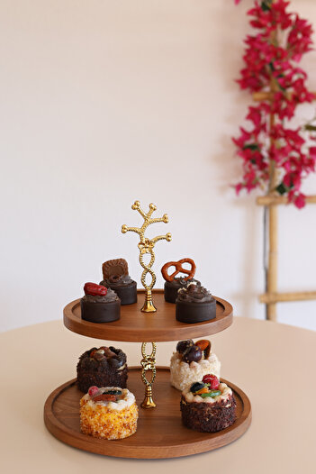 justwood 21/25 cm Gold Flower Patterned 2-Tier Wooden Cake Presentation Stand - Serving Plate, Catering