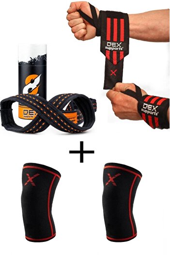 Dex Supports Fitness Wrist Brace Wrist Wraps+Fitness Knee Brace Knee Sleeve+8 Loop Lifting Straps 3 Pack