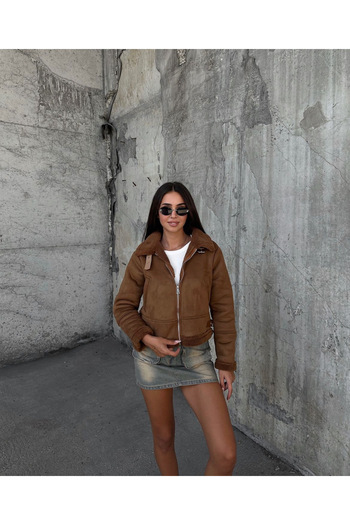 Ekim Store Biker Plush Collar Crop Suede παλτό