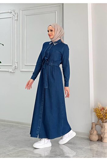 Cardella Camellia Denim Jeans Υφασμάτινο Πέτρινο Μακρύ Φόρεμα Hijab με λεπτομέρεια