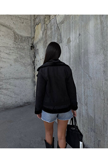 Ekim Store Biker Plush Collar Crop Suede Coat