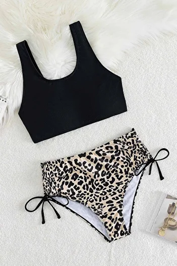 Angelsin Leopard Patterned Bikini Set - Side Gather Adjustable
