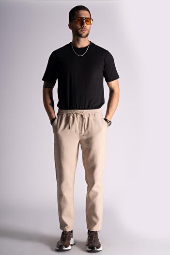 BRACCAS Cotton Comfort Fit Jogger Waist Trousers Beige