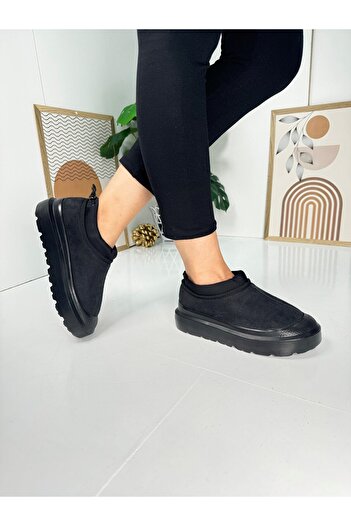 Nstil Cizme scurte din piele intoarsa neagra - Casual femei, cu talpa groasa inalta si blana in interior 357