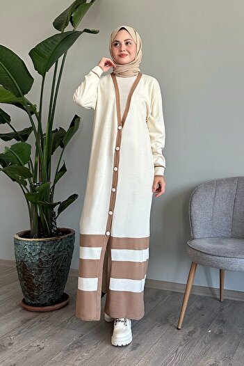 InStyle Stripe Detail Long Ecru Knitwear Cardigan