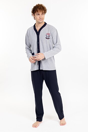 Pemilo Men's Gray Single Jersey Pajama Set - 960 Long Sleeve and Button Detail