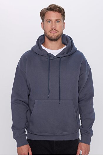 Tudors Unisex Oversize Wide Cut Cotton Soft Textured Basic Gray Hooded Sweatshirt with Fleece Inside