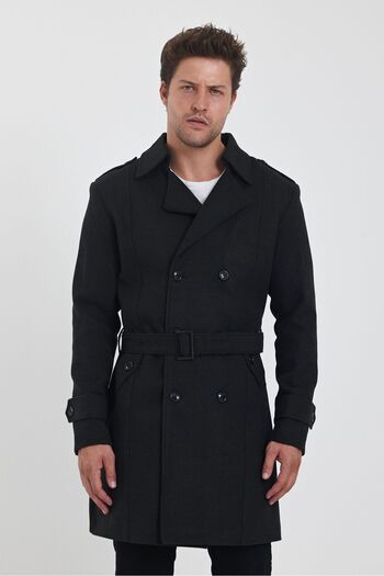 TREND KOMBİN Anthracite Stamped Men's Coat - Long Cut, Double Breasted Collar