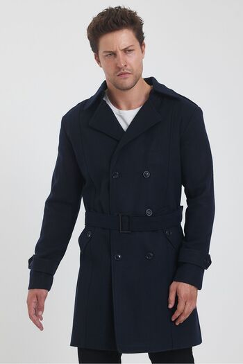 TREND KOMBİN Ανδρικό παλτό Navy Blue Stamp - Διπλό γιακά, μακριά στενή εφαρμογή