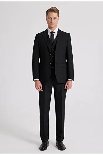 D'S Damat Černý Slim Fit Mono límec a rozparkovaný oblek - s vestou