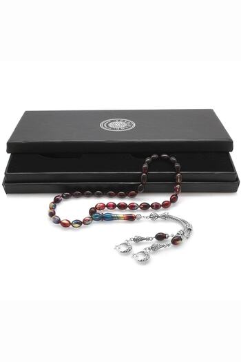 Tesbihane Non-Tarnish Metal Crescent Star Tasseled Barley Cut Filtered Bonibon Fire Amber Prayer Beads