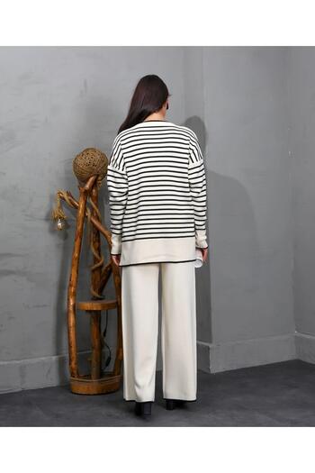 DRESSY CL Crew Neck Stripe Detailed Tunic and Solid Wide Leg Trousers 2-Piece Lower Top Women's Knitwear Set