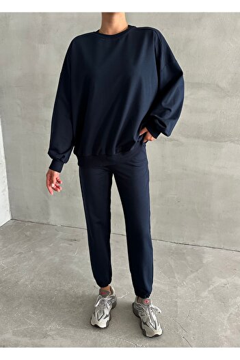 Laluvia Navy Blue Riven Long Sleeve Elastic Leg Set