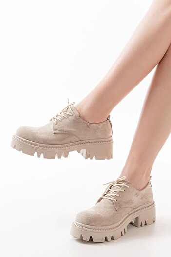 Bella Vista Beige Suede Lace-Up Casual High-Sole Loafer Shoes
