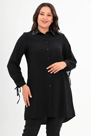 Metpoint Trend42Plus Large Size Collar Baguette Jewelled Black Tunic