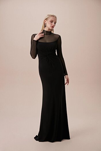 Oleg Cassini Black Long Sleeve Tulle Detail Long Crepe Dress Vc5576
