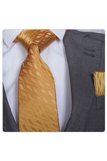 Exve Exclusive Elegant Tie and Ready-to-Use Cardboard Handkerchief Set - Altn Yellow Leaf Pattern