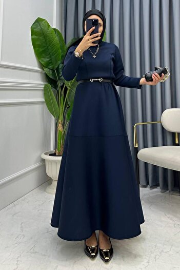 miqa butik Navy Blue Scuba Belted Dress