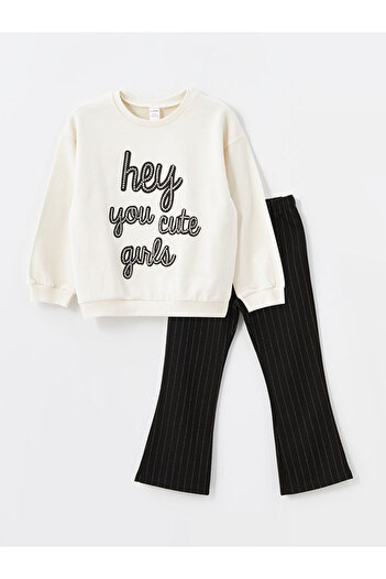LC Waikiki LCW Bisiklet Yaka Uzun Kollu Baskılı Kız Bebek Sweatshirt ve Tayt 2'li Takım