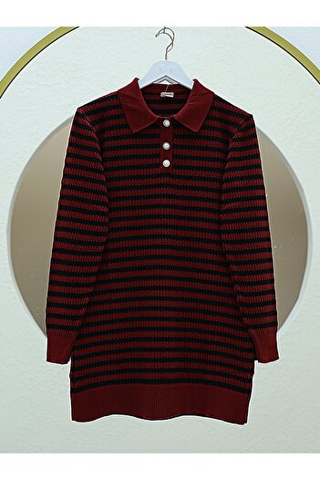Modamorfo Polokragen-Strickpullover mit Knöpfen – Burgunderrot