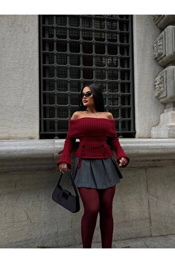 Friday Mood Women's Spanish Sleeve Madonna Collar Lace Detailed Knitwear Sweater