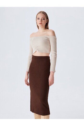 Ltb Brown Skirt with Ribbed Side Slits