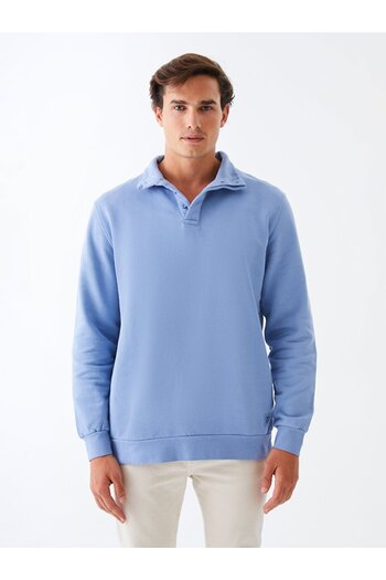 Ltb Straight Stand Collar Long Sleeve Regular Fit Blue Sweatshirt