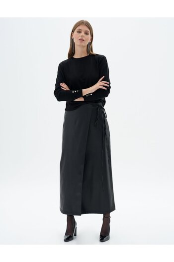 Kayra Black Faux Leather Wrap Skirt