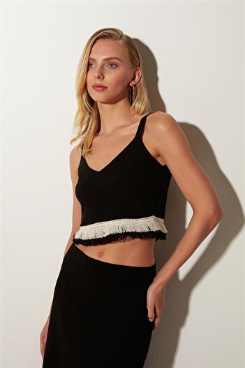 SHERIN Black Tasseled Bustier Skirt Knitwear Set