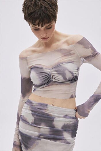SHERIN Beige Patterned Crop Tulle Blouse