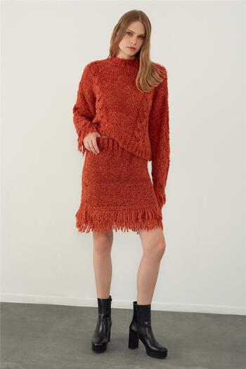 SHERIN Brick Color Tasseled Knitwear Sweater and Skirt Set